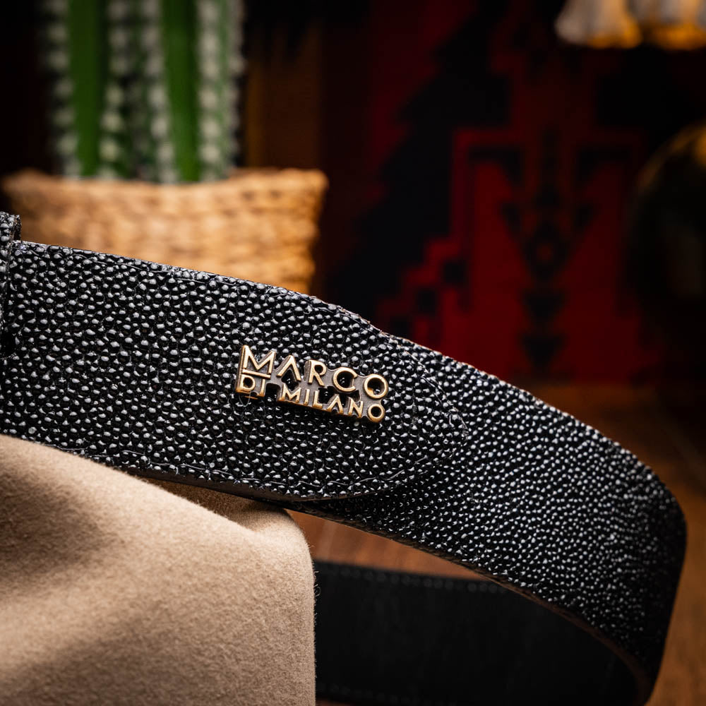 Georgia Belt Black - Close-up of genuine stingray skin Western belt with a polished texture and unique "diamond eye" detail.