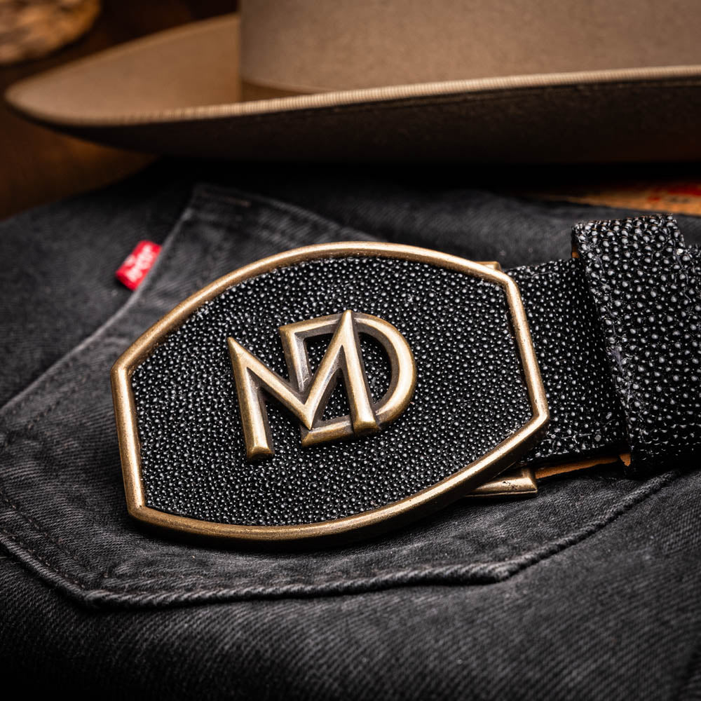Georgia Belt Black with stingray skin and diamond eye detail on jeans