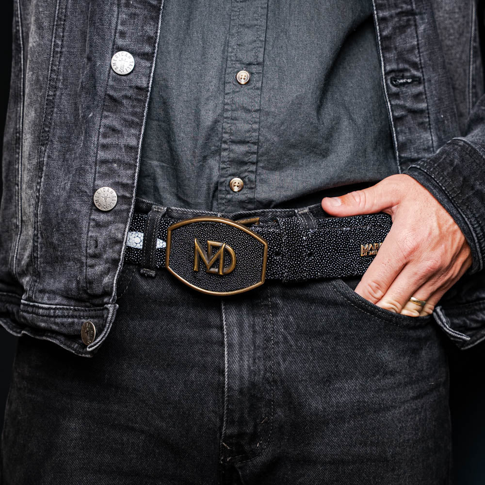 Georgia Belt Black with genuine stingray skin and diamond eye detail