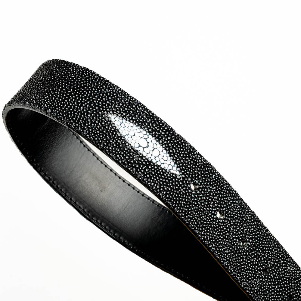 Georgia Belt Black with genuine polished stingray skin and diamond eye detail for exotic refinement