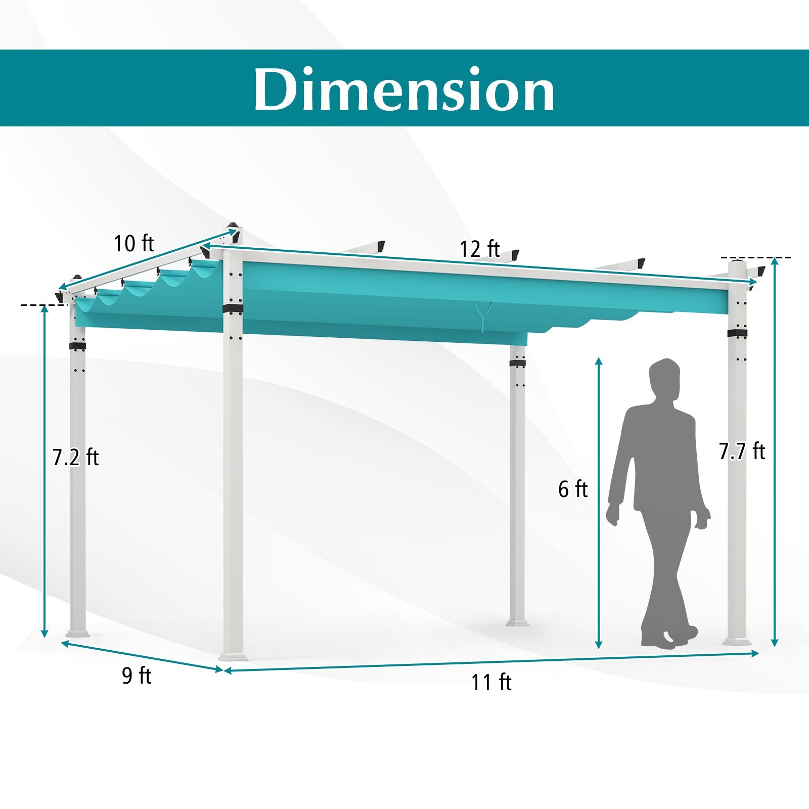 Outdoor Pergola with Retractable Canopy and Aluminum Frame-Turquoise dimensions illustration