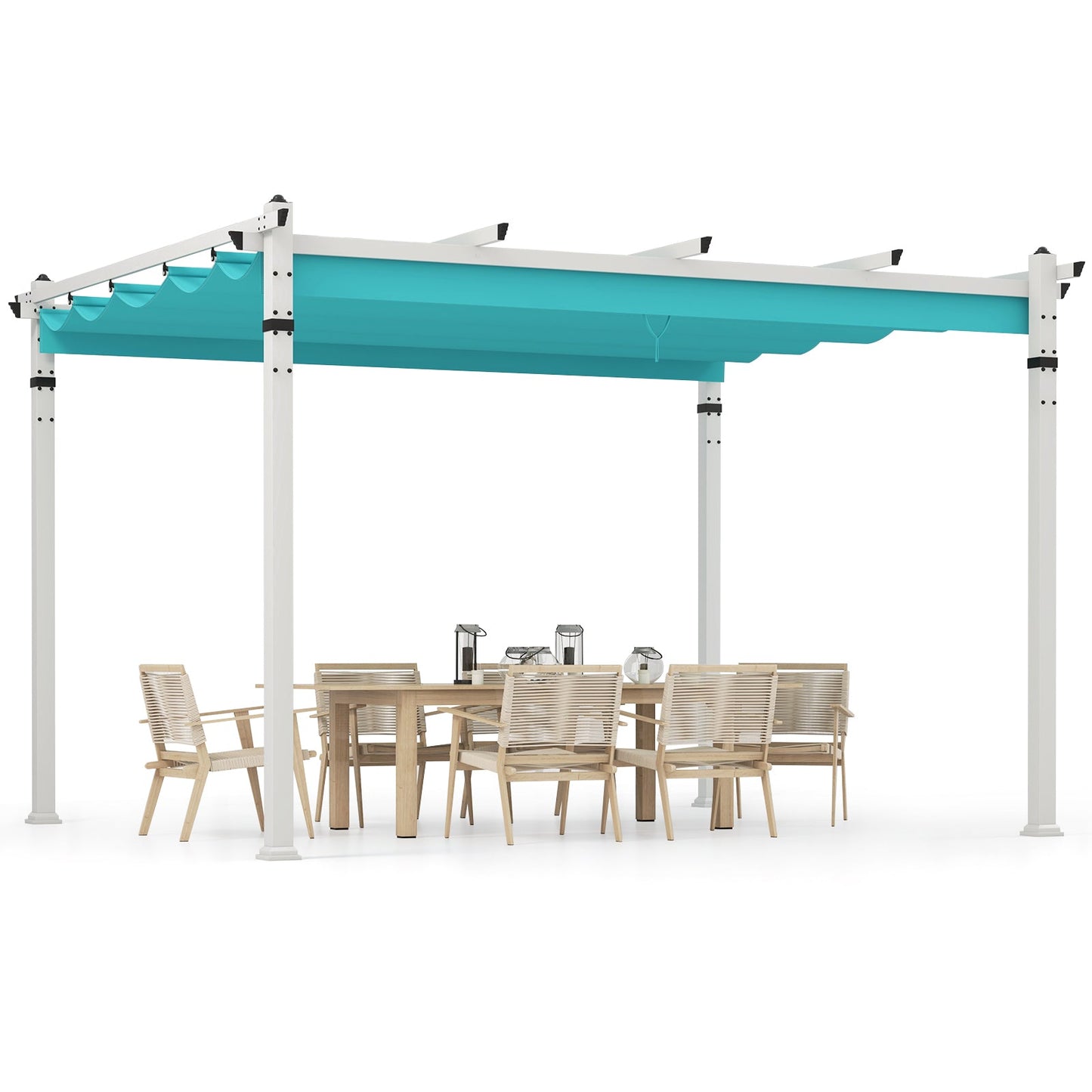 Outdoor Pergola with Retractable Canopy and Aluminum Frame-Turquoise over dining set