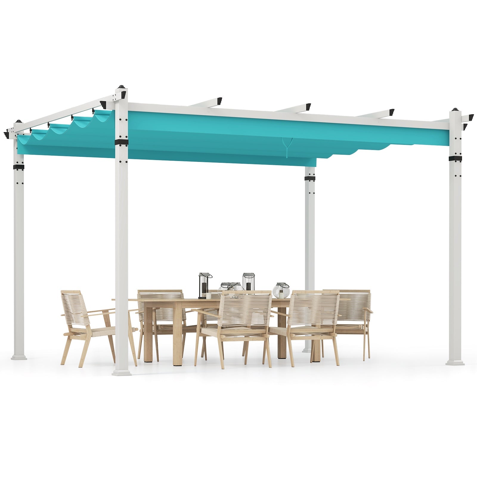 Outdoor Pergola with Retractable Canopy and Aluminum Frame-Turquoise over dining set
