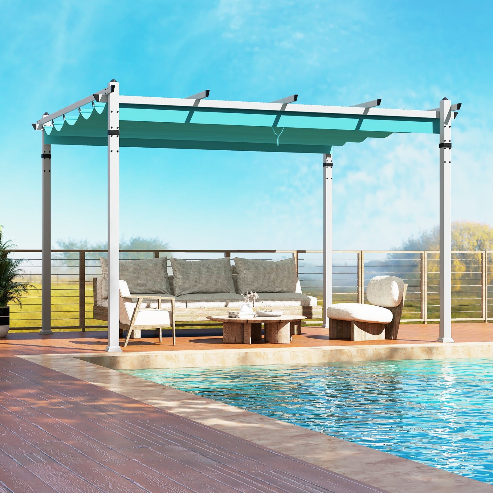 Outdoor Pergola with Retractable Canopy and Aluminum Frame-Turquoise by the pool