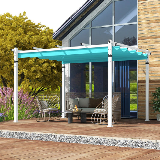Outdoor Pergola with Retractable Canopy and Aluminum Frame-Turquoise on wooden patio near modern house.