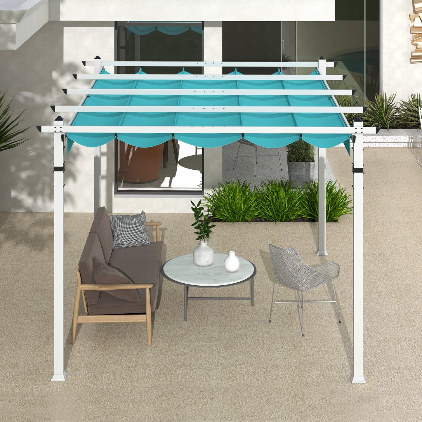 Outdoor Pergola with Retractable Canopy and Aluminum Frame-Turquoise in a garden setting.