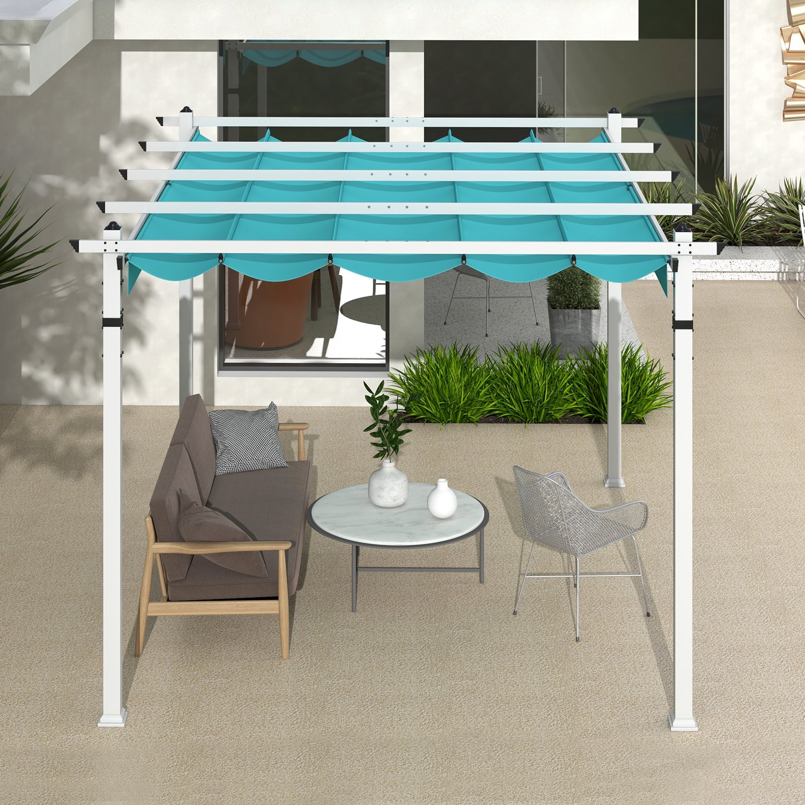 Outdoor Pergola with Retractable Canopy and Aluminum Frame-Turquoise in a garden setting.
