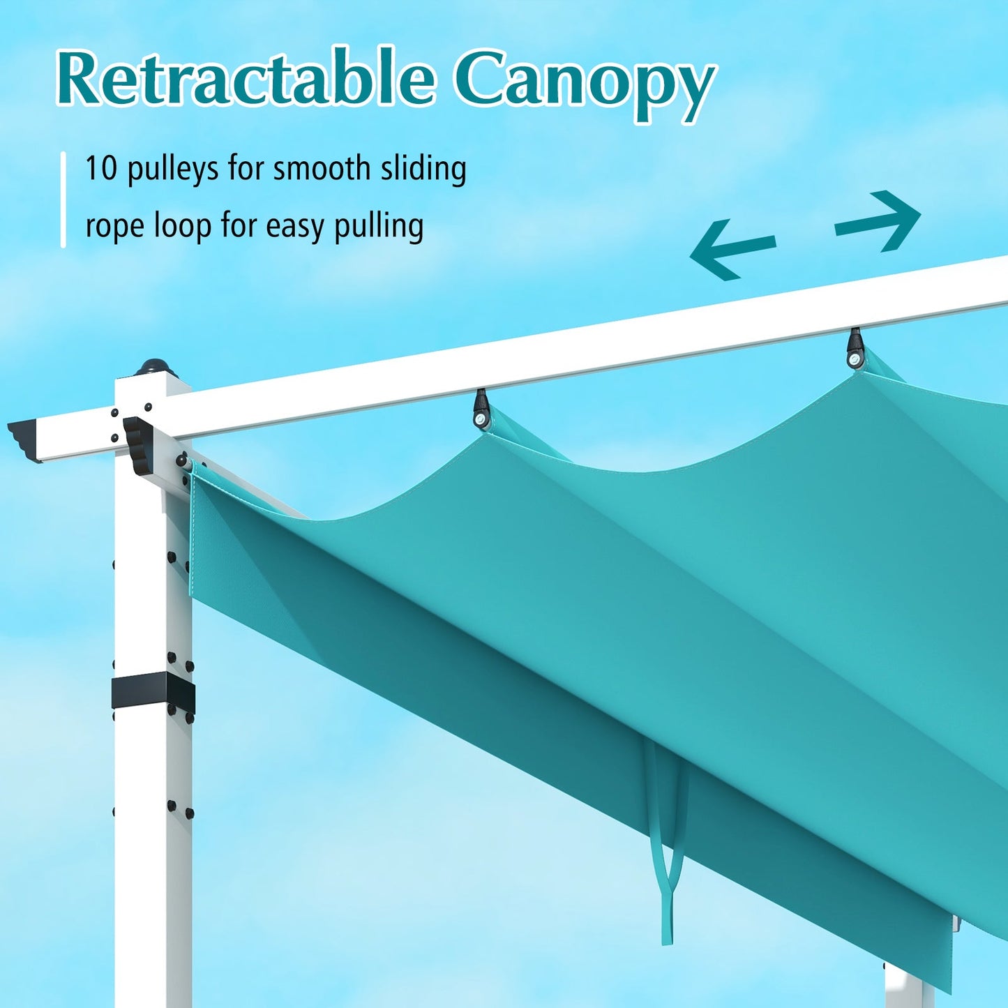 Outdoor Pergola with Retractable Canopy and Aluminum Frame-Turquoise showing pulley system and turquoise fabric