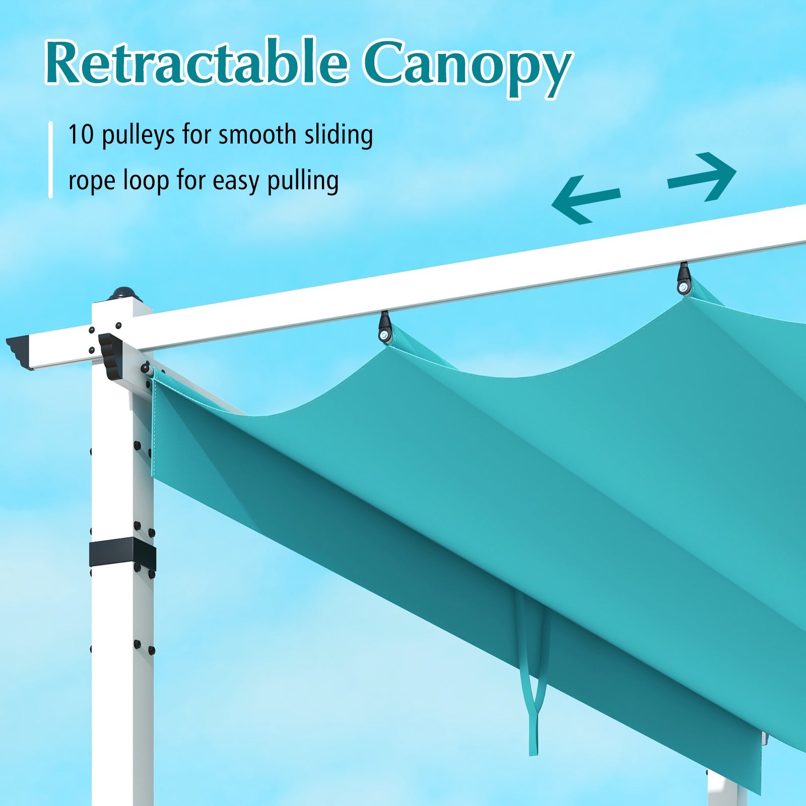 Outdoor Pergola with Retractable Canopy and Aluminum Frame-Turquoise showing pulley system and turquoise fabric