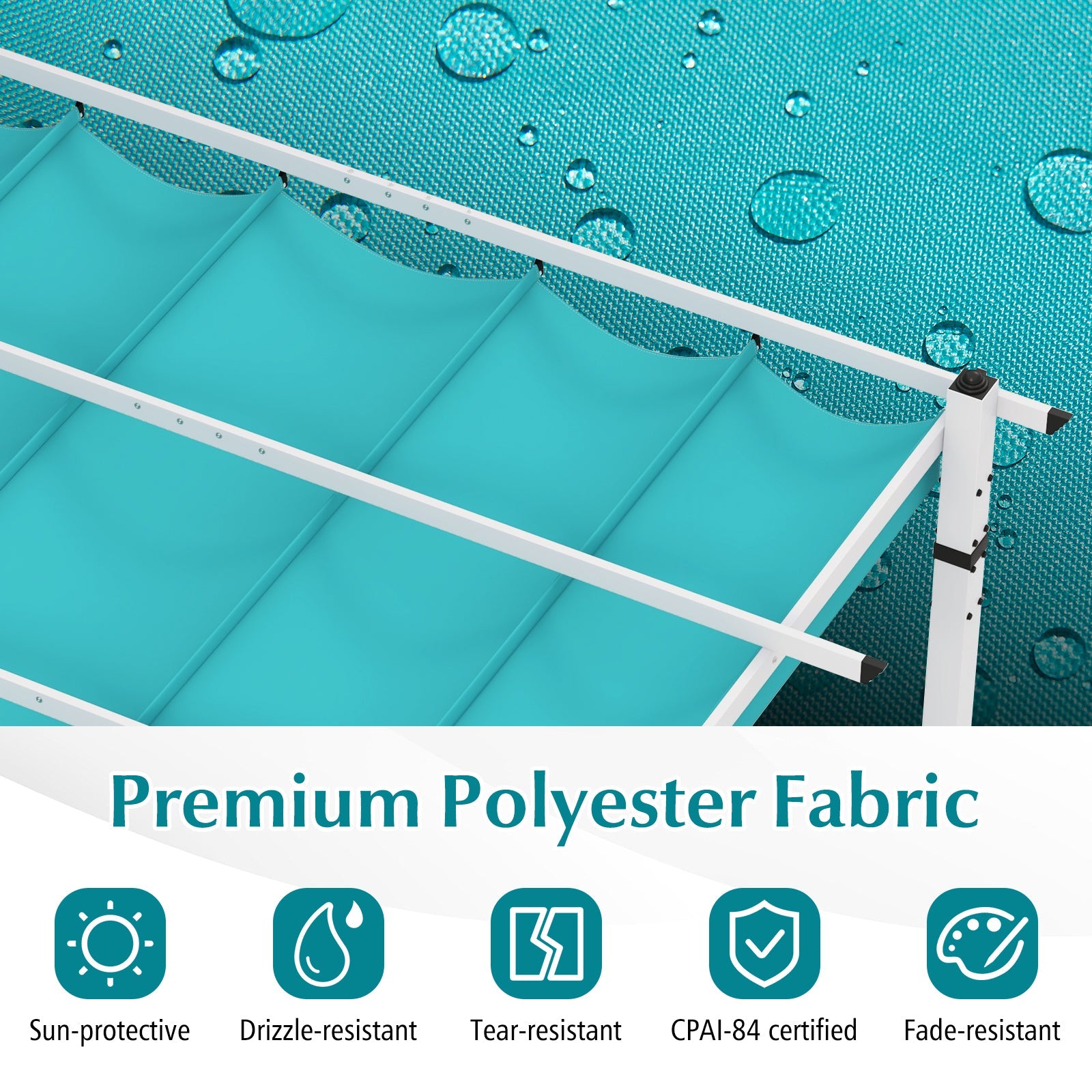 Outdoor Pergola with Retractable Canopy and Aluminum Frame-Turquoise features premium sun-protective polyester fabric.