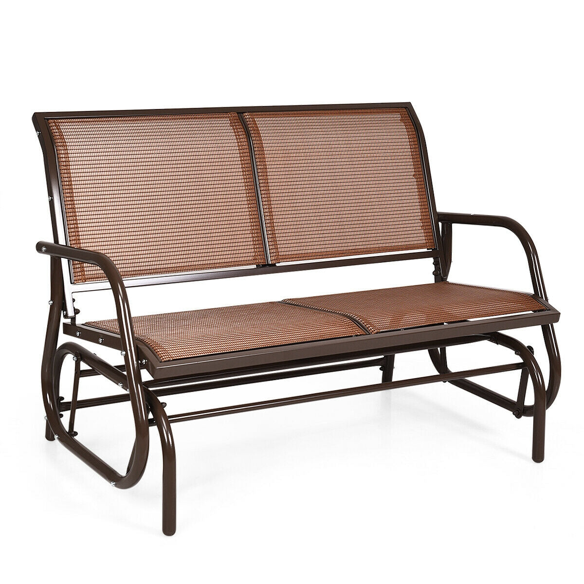 Swing Glider Chair 48 Inch Loveseat Rocker Lounge Backyard-Brown with durable fabric and sturdy steel frame.
