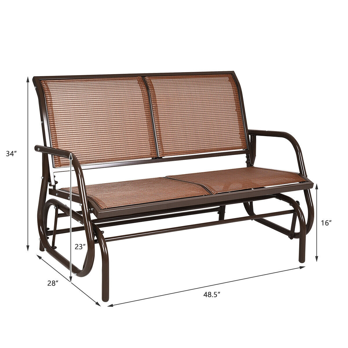 Swing Glider Chair 48 Inch Loveseat Rocker Lounge Backyard-Brown with dimensions and sturdy steel frame.