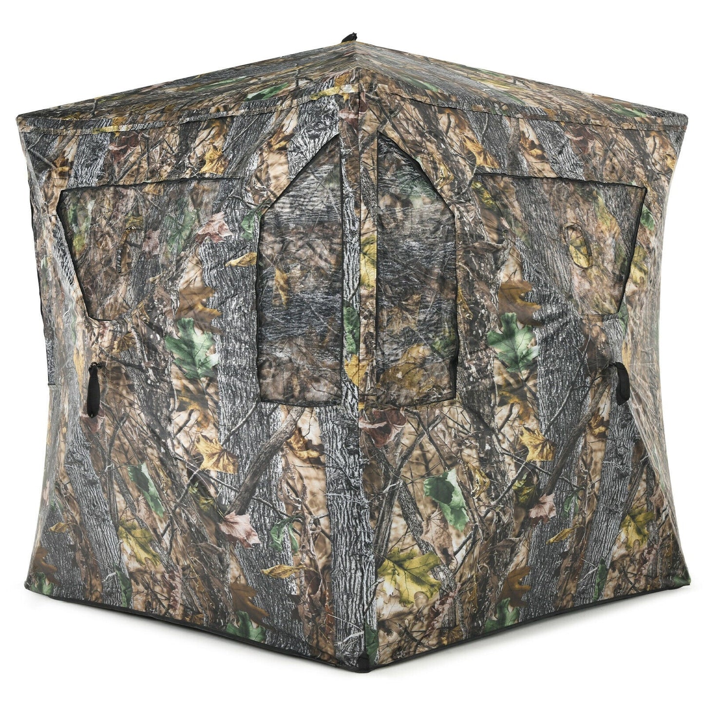 3 Person Portable Pop-Up Ground Tent with Gun Ports and Carrying Bag in camo design, ideal for hunters