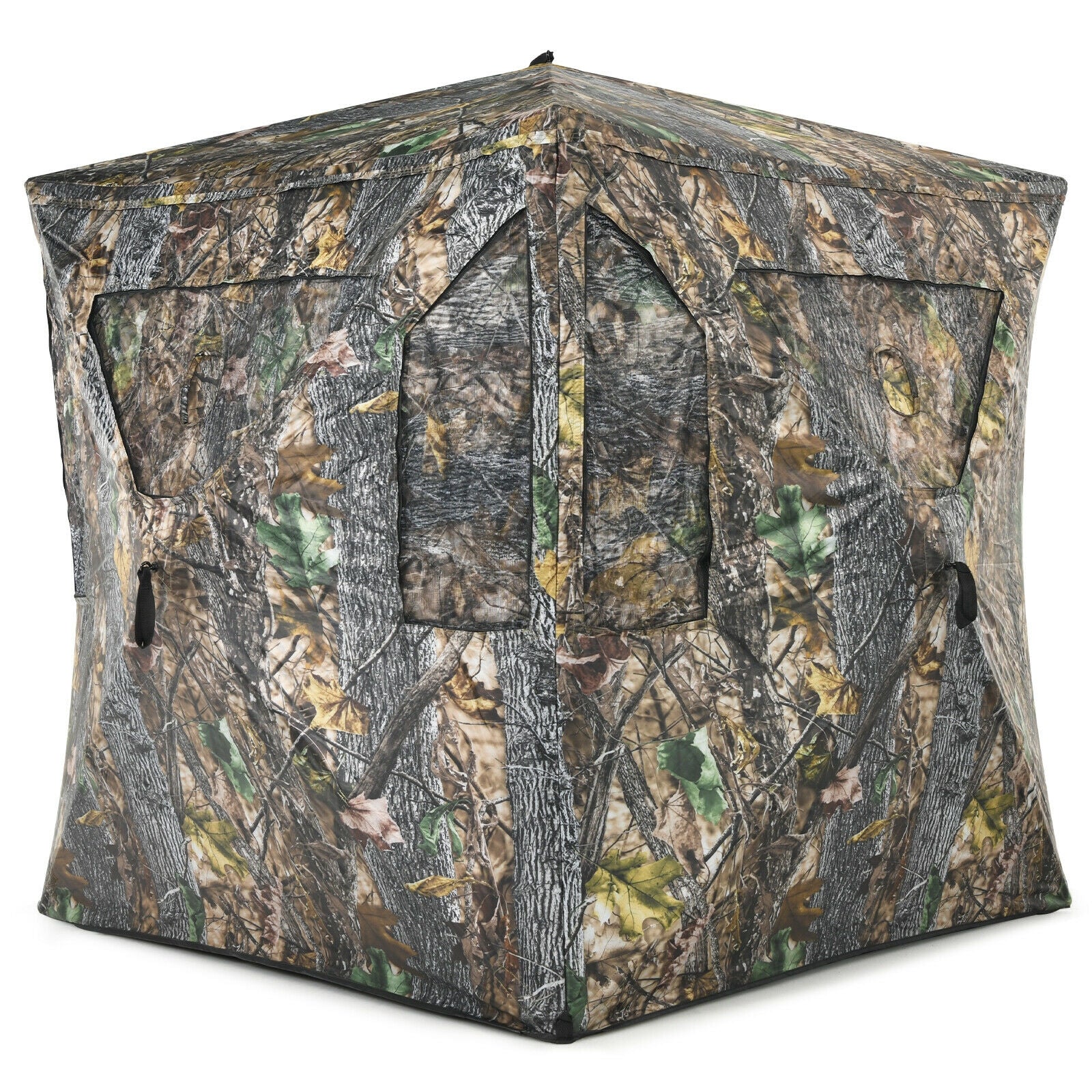 3 Person Portable Pop-Up Ground Tent with Gun Ports and Carrying Bag in camo design, ideal for hunters