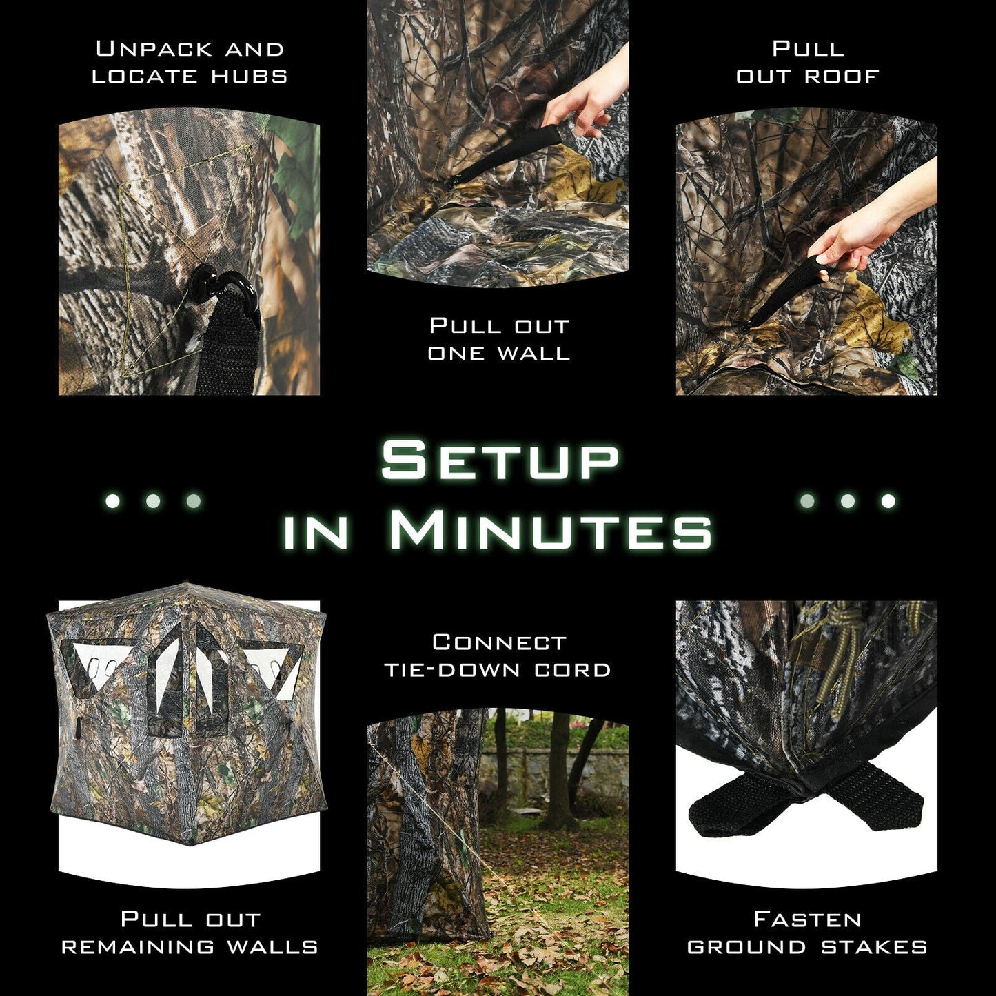 Instructions for setting up 3 Person Portable Pop-Up Ground Tent with Gun Ports and Carrying Bag, showing unpacking and assembly steps.