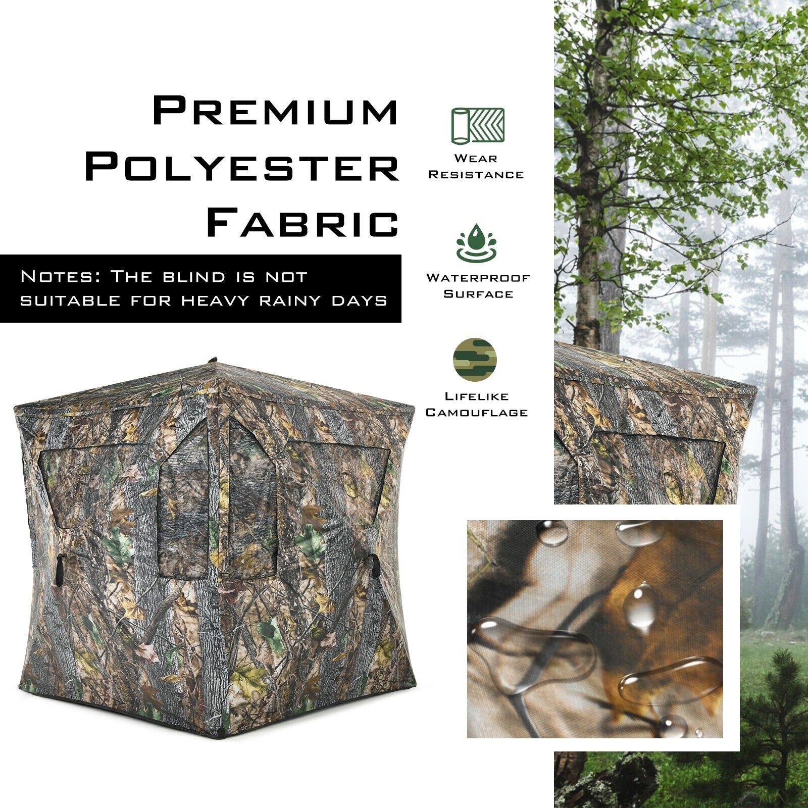 3 Person Portable Pop-Up Ground Tent with Gun Ports and Carrying Bag made of durable polyester featuring lifelike camouflage pattern.