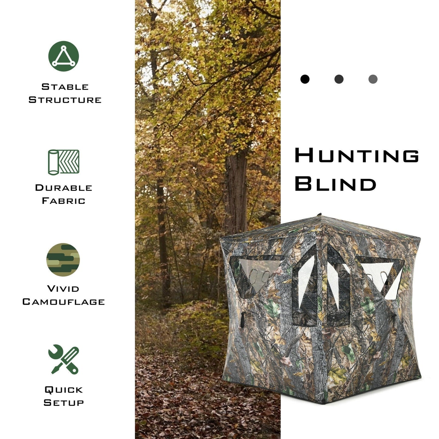 3 Person Portable Pop-Up Ground Tent with Gun Ports and Carrying Bag in a forest setting with camouflage design and quick setup features.