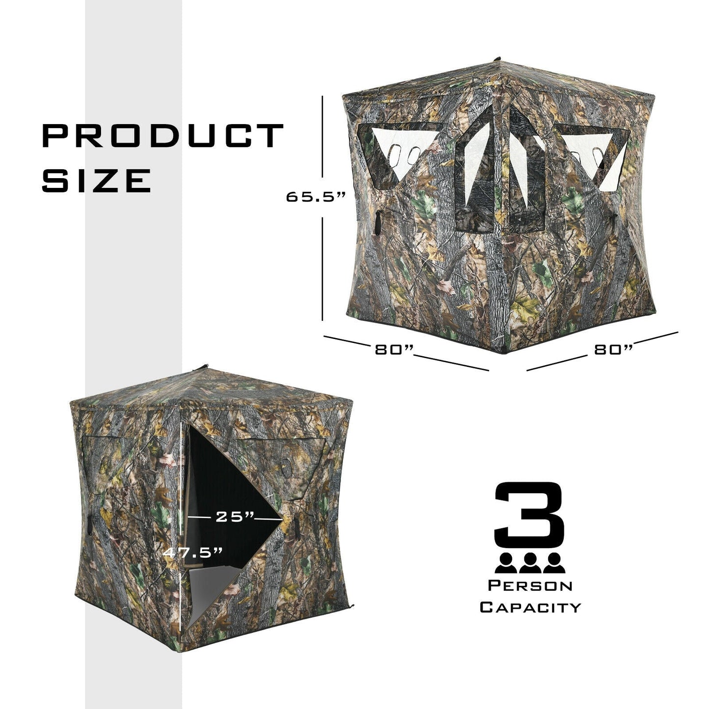 3 Person Portable Pop-Up Ground Tent with Gun Ports and Carrying Bag, featuring camo design and dimensions details.