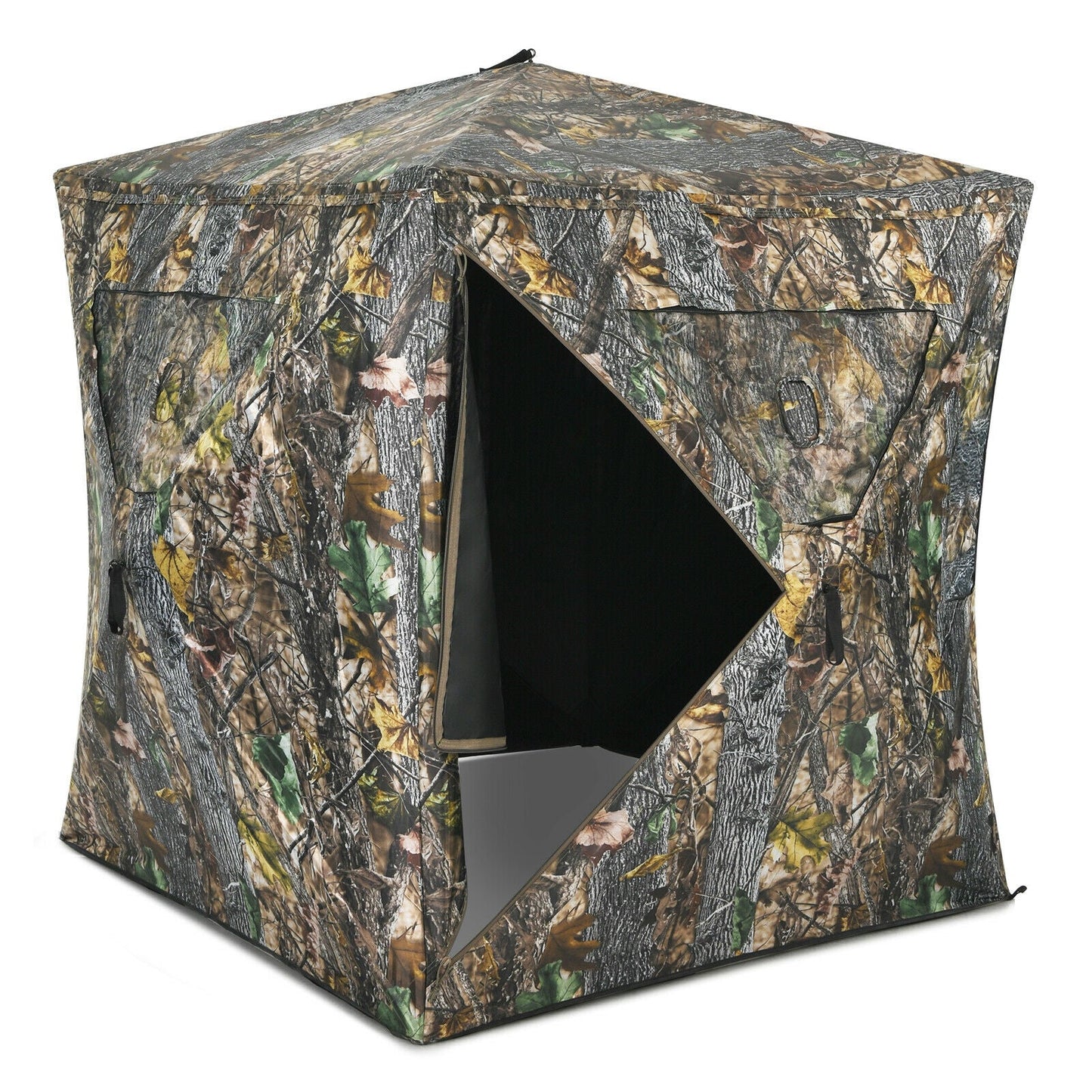 3 Person Portable Pop-Up Ground Tent with Gun Ports and Carrying Bag in camo design, durable for hunting environments.