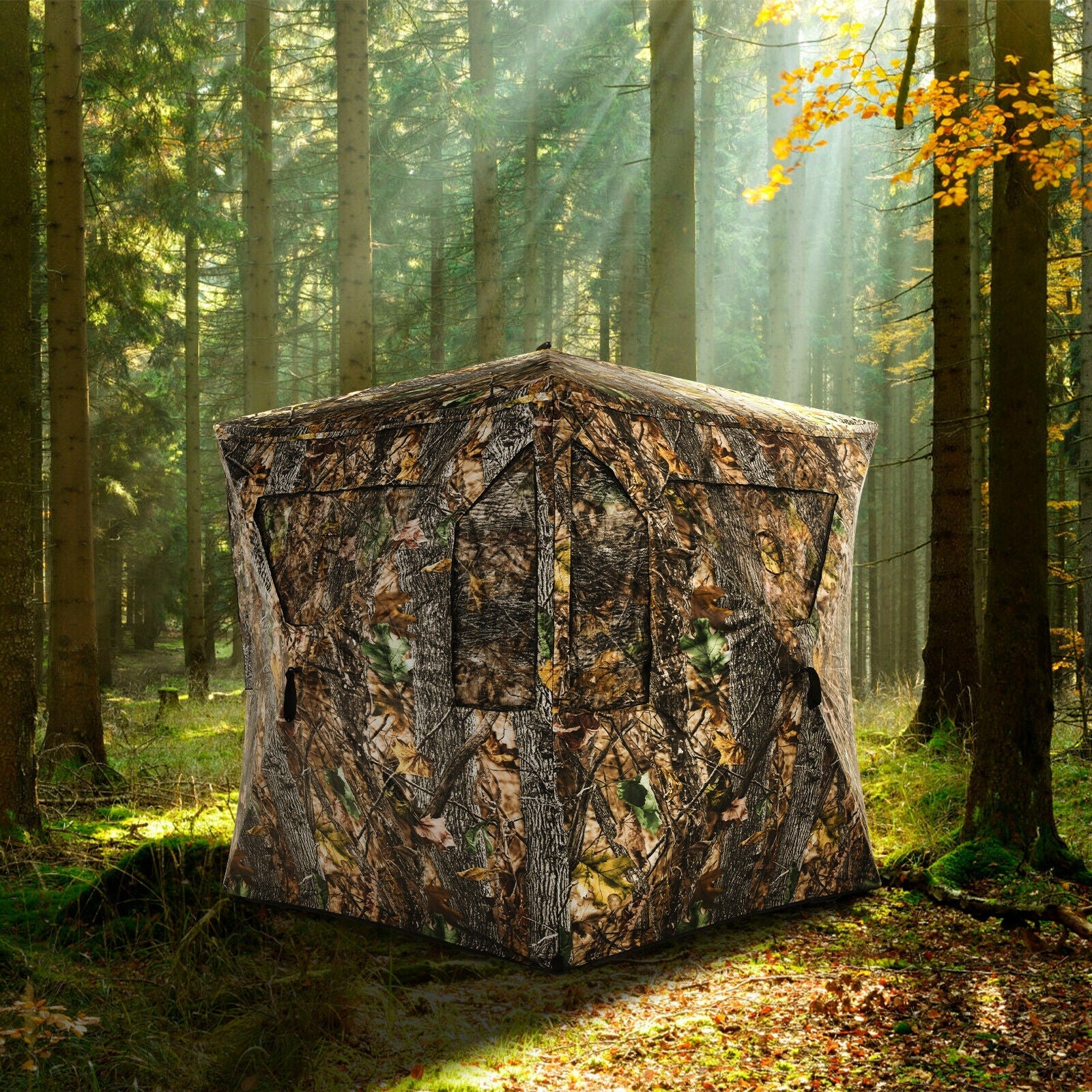 3 Person Portable Pop-Up Ground Tent with Gun Ports and Carrying Bag set up in forest