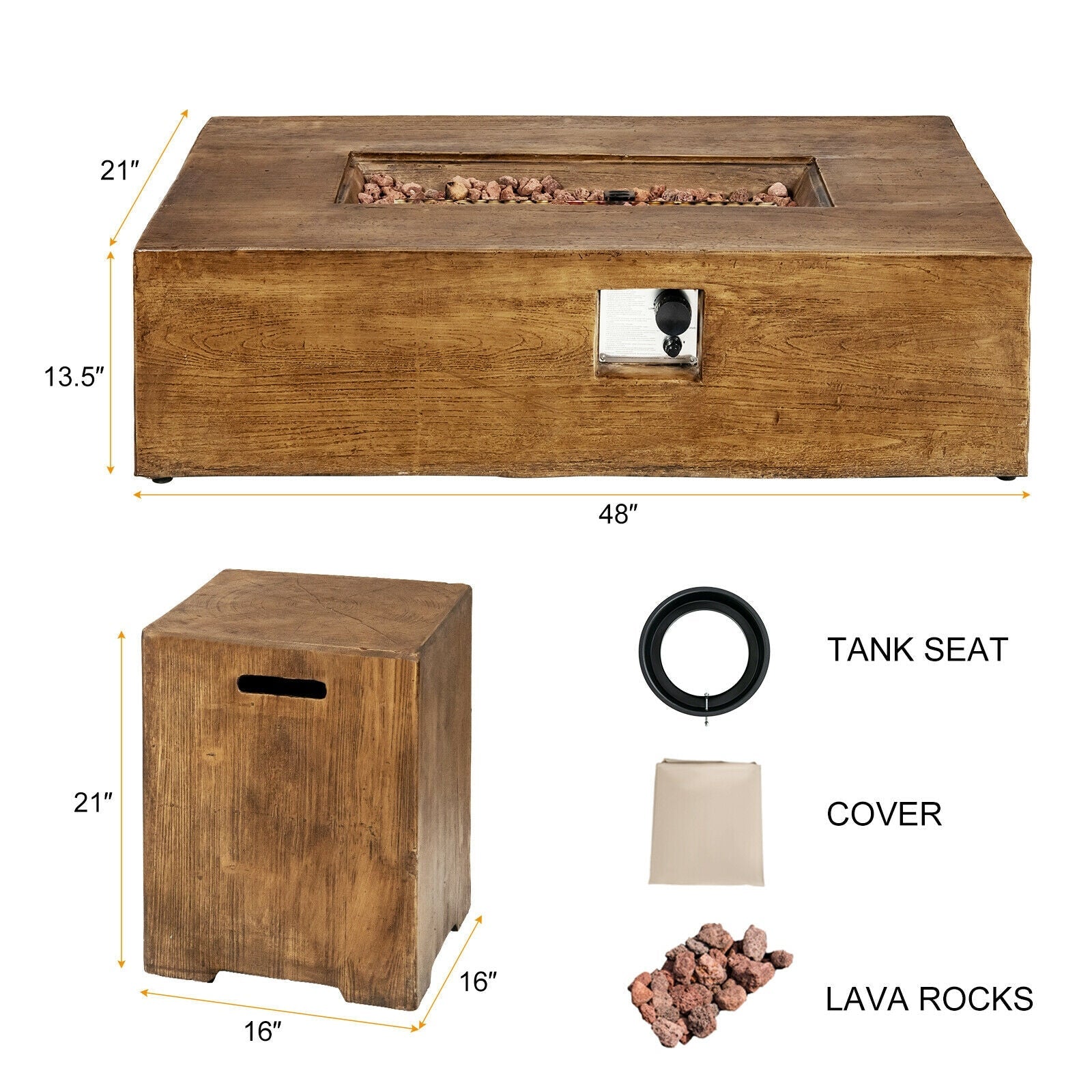 2 Piece Outdoor Propane Fire Pit Table Set with dimensions, tank seat, cover, and lava rocks
