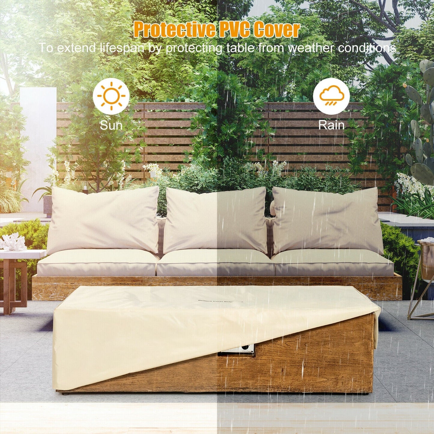 Outdoor seating area with protective PVC cover showcasing weather resistance for furniture with sun and rain icons.