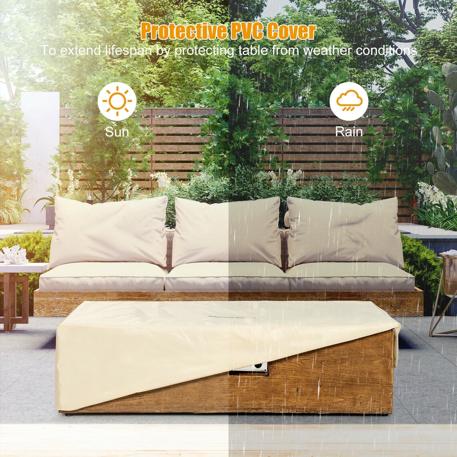 Outdoor seating area with protective PVC cover showcasing weather resistance for furniture with sun and rain icons.