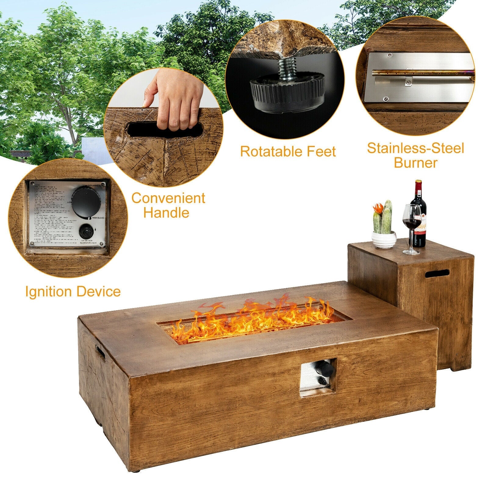 2 Piece Outdoor Propane Fire Pit Table Set with accessories and features highlighted