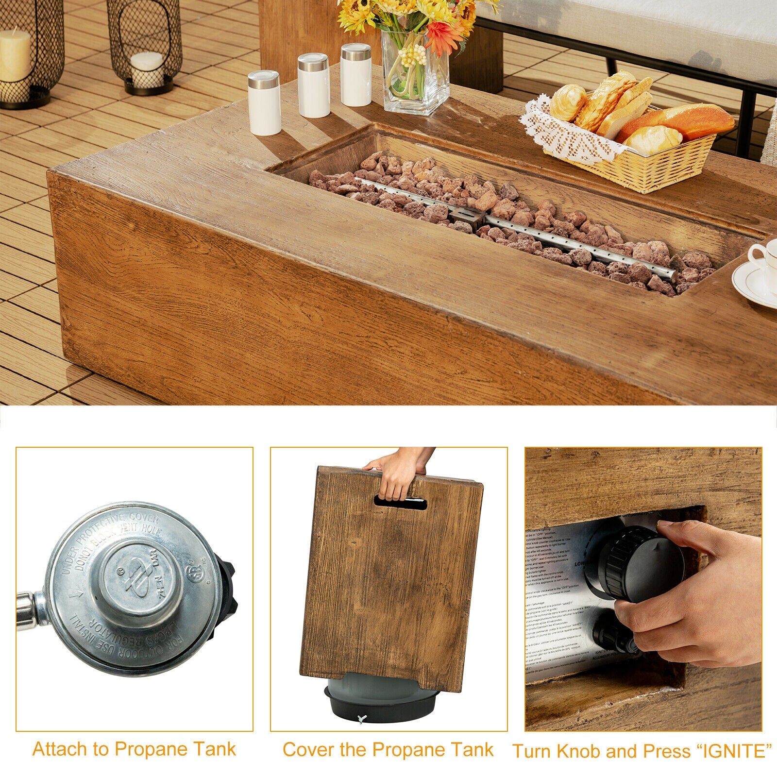 2 Piece Outdoor Propane Fire Pit Table Set with tank holder and lava rocks on wooden deck
