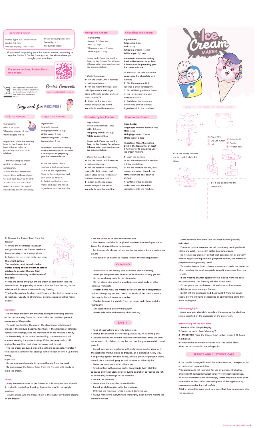 Instructions and recipes for using the Ice Cream Maker Machine for Kids – 1.2 Quart Electric Ice Cream Makers by Cooler Concepts.