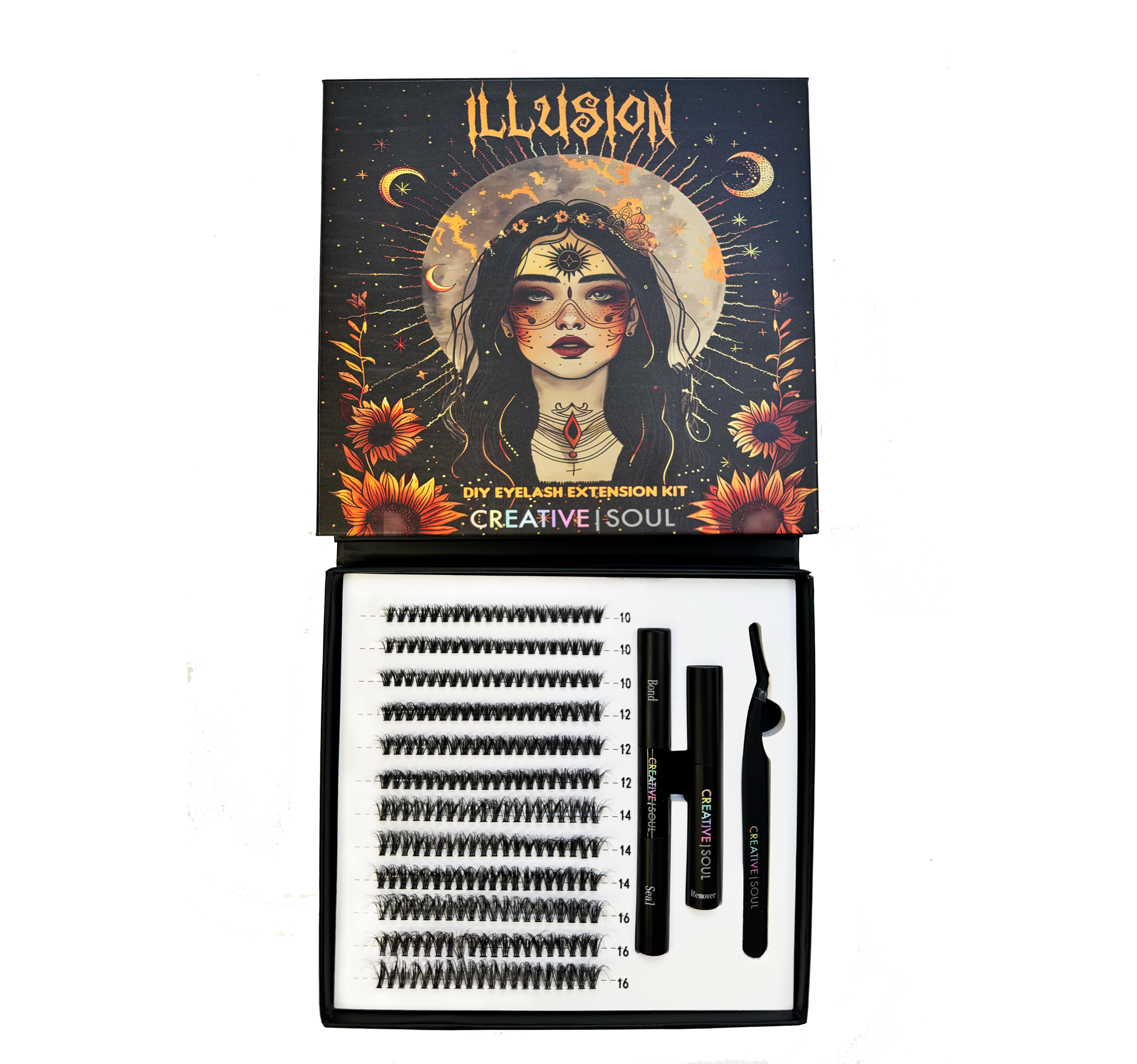 Illusion DIY Eyelash Extension Kit with faux mink eyelash clusters and application tools.