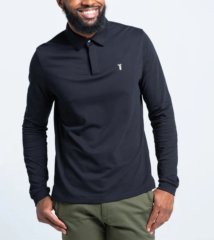 Long Sleeve Perfect Polo in black with StaySharp™ Collar and hidden microfiber cloth for effortless style and convenience.