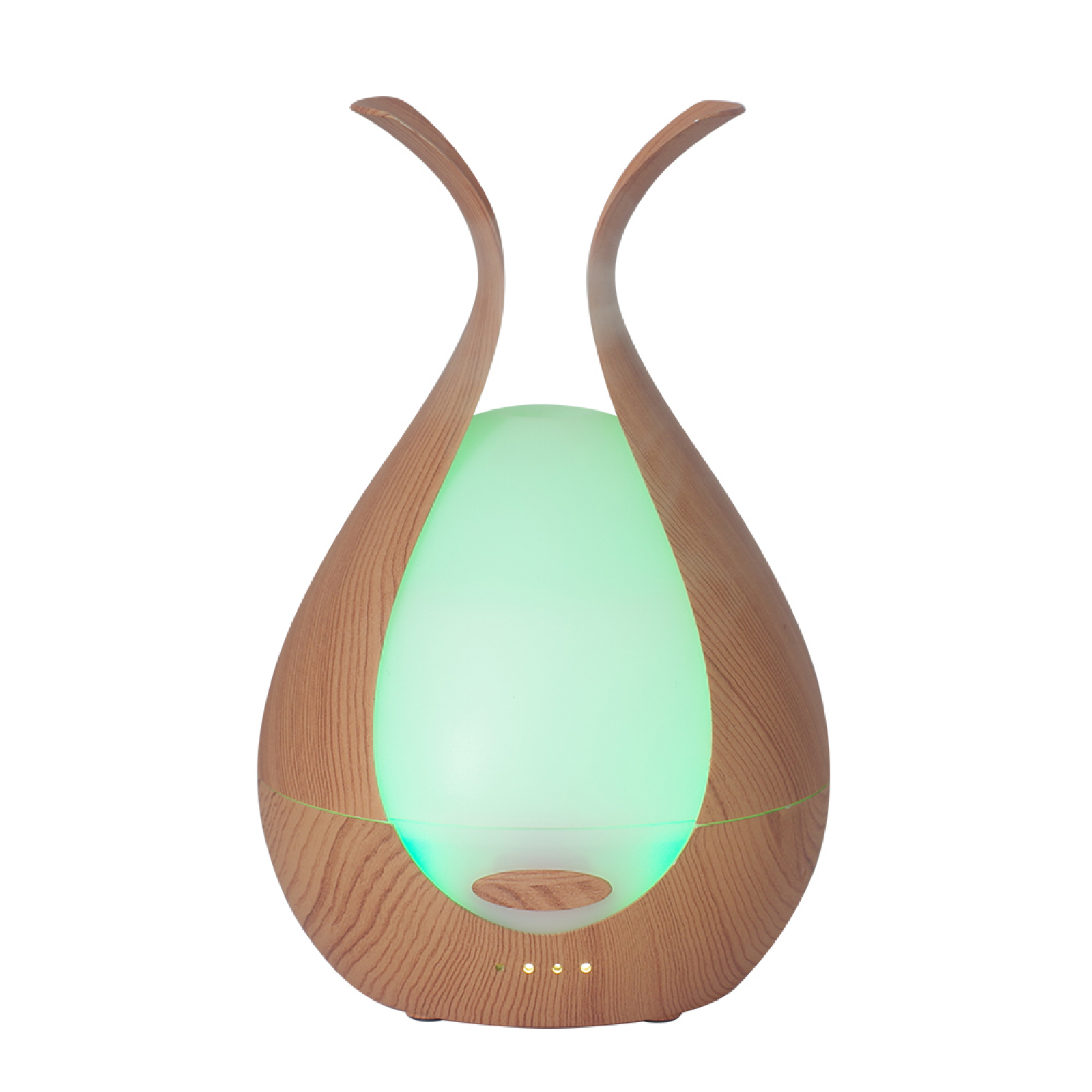 Timeless Diffuser with wood finish and green LED light, 200mL capacity, ultrasonic atomization, adjustable mist and timer settings.
