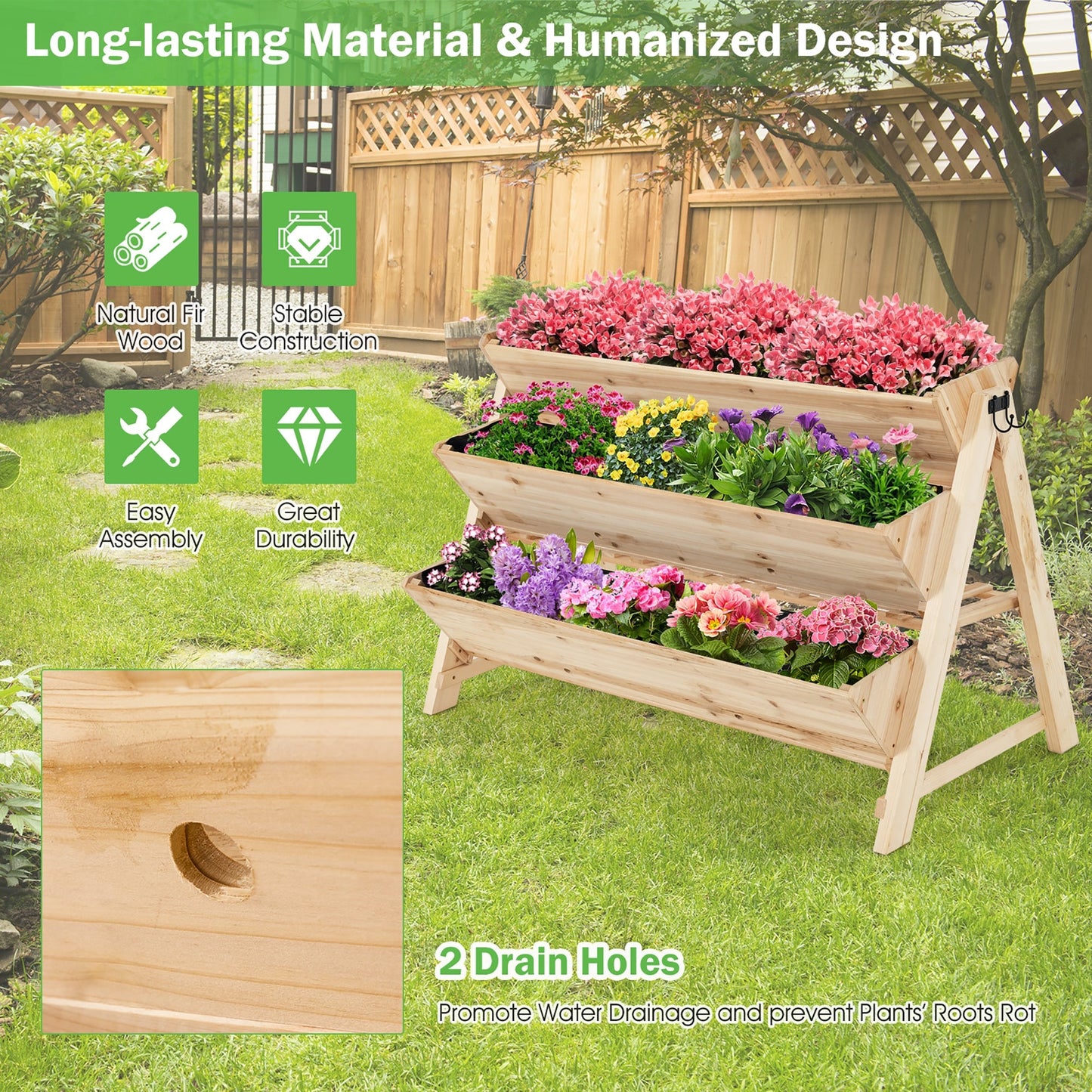 3 Tier Wooden Vertical Raised Garden Bed with Storage Shelf displaying flowers and vegetables in a backyard setting