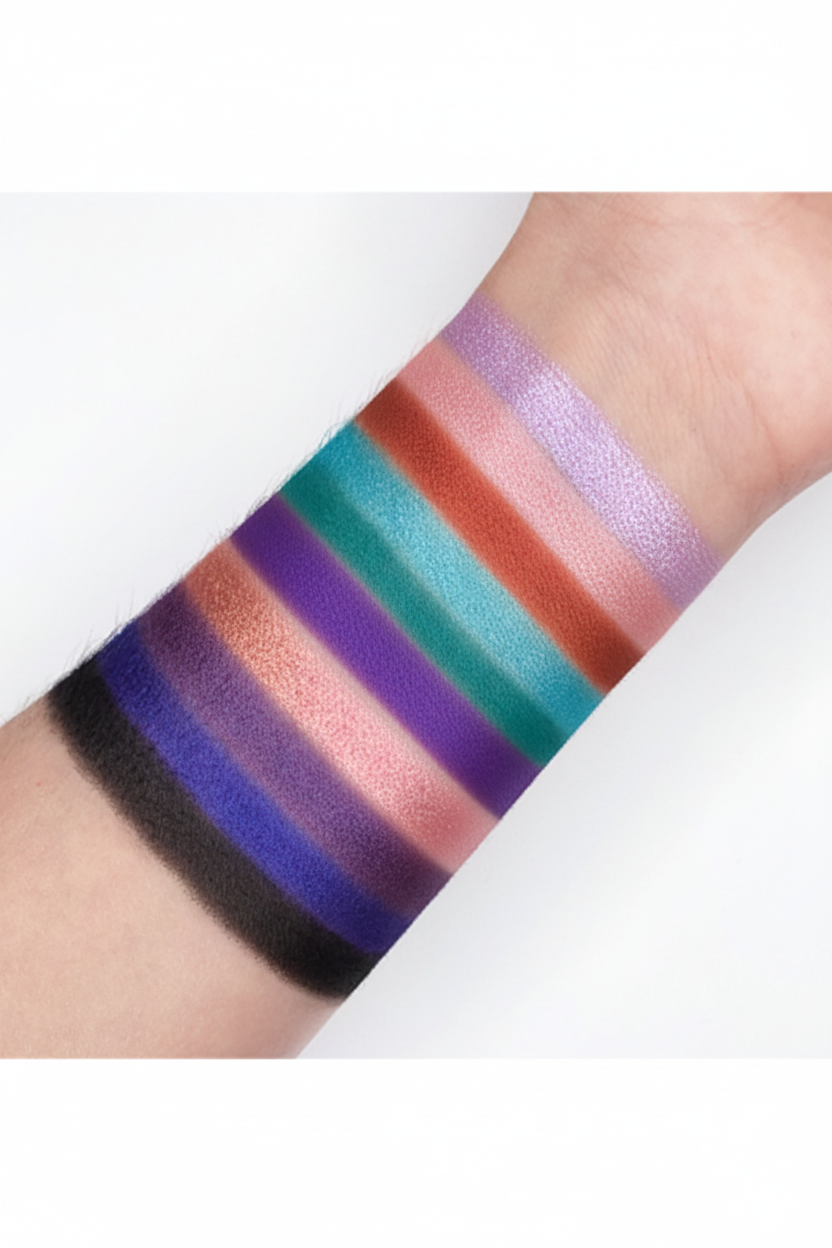 Bejeweled - GES18 eyeshadow palette swatches showcasing 9 richly pigmented foiled shades on arm.