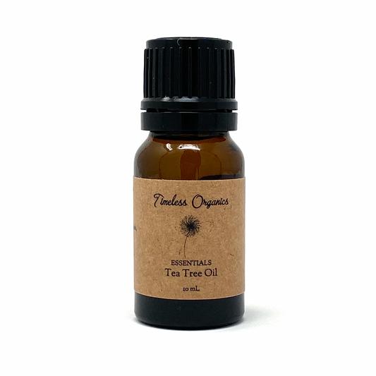 Timeless Organics Tea Tree Essential Oil bottle, 10mL size, promoting pure and organic Tea Tree for skin care and immunity support.