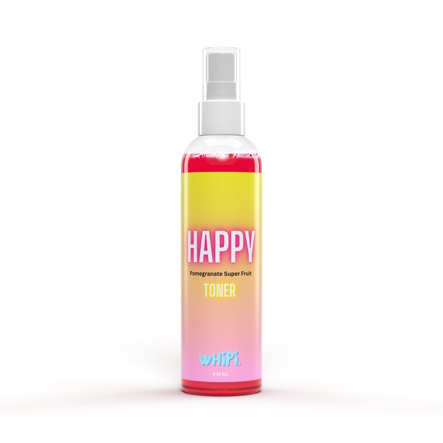 Bottle of Happy Super Fruit Toner featuring antioxidant-rich pomegranate for refreshed skin