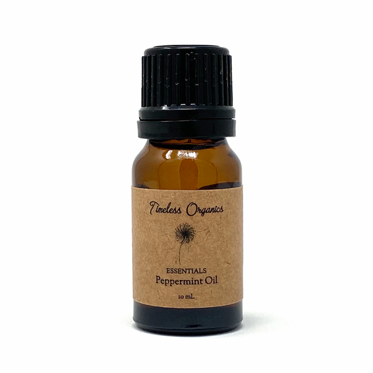 Timeless Essentials Peppermint Essential Oil bottle, organic and pure for energy boost and headache relief