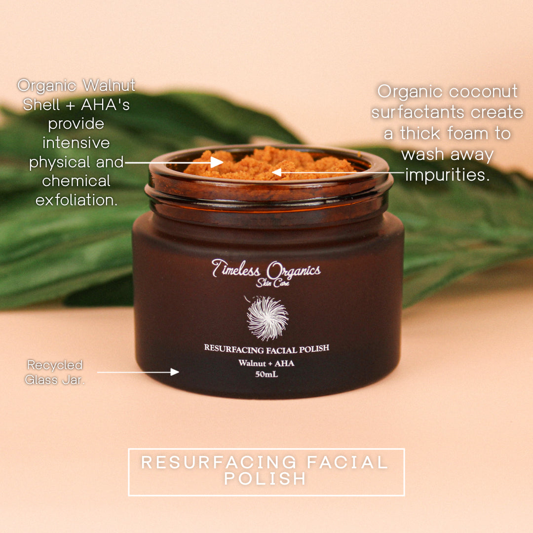 Resurfacing Facial Polish - Walnut + AHA in a recycled glass jar for smoothing and renewing skin with organic ingredients.