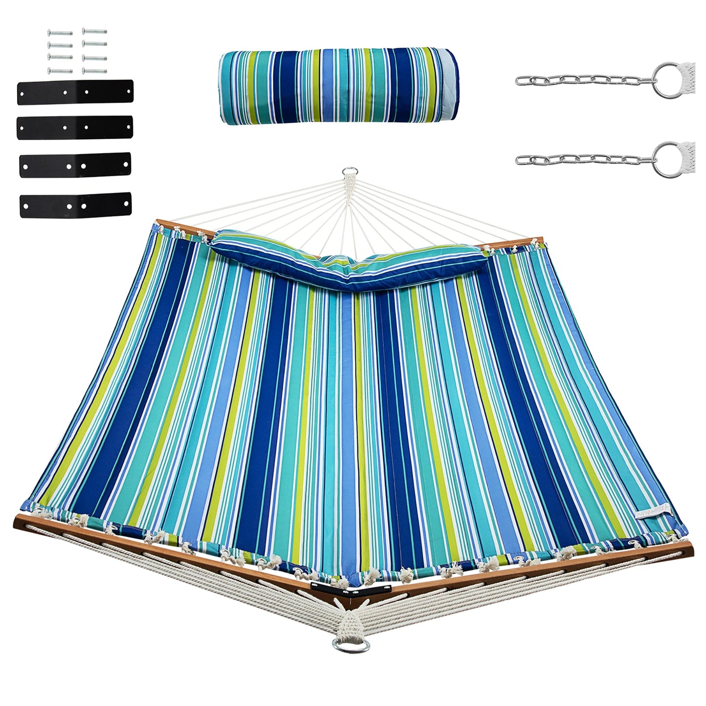 Patio Hammock Foldable Portable Swing Chair Bed with Detachable Pillow in striped design, includes pillow and hanging chains, no stand