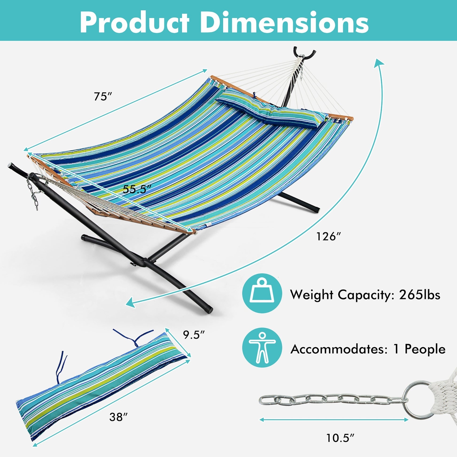 Patio Hammock Foldable Portable Swing Chair Bed with Detachable Pillow features durable design for 1 person, 265lbs capacity.