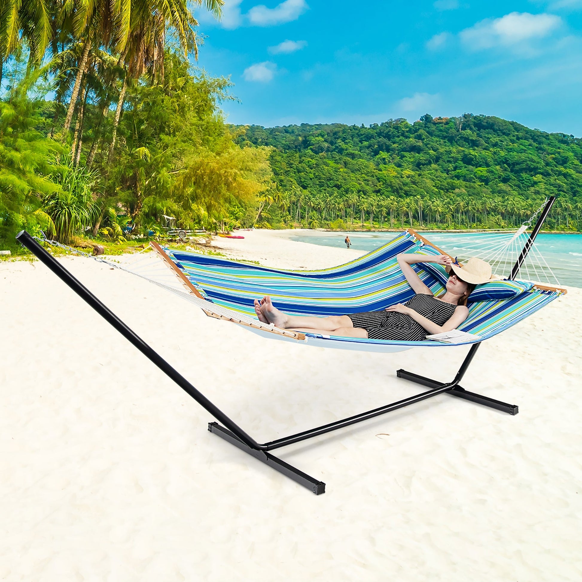 Patio Hammock Foldable Portable Swing Chair Bed with Detachable Pillow on tropical beach setting