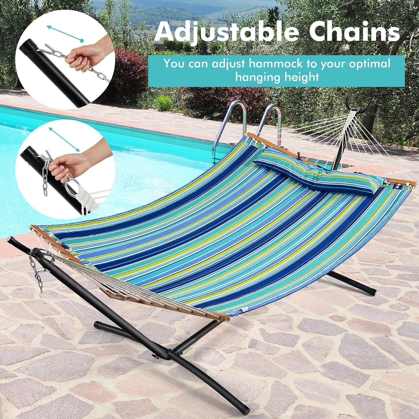 Patio Hammock Foldable Portable Swing Chair Bed with Detachable Pillow by poolside, adjustable chains for optimal height