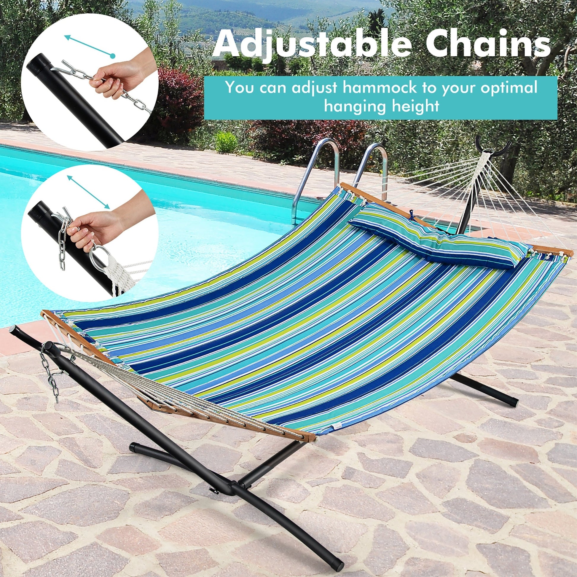 Patio Hammock Foldable Portable Swing Chair Bed with Detachable Pillow by poolside, adjustable chains for optimal height