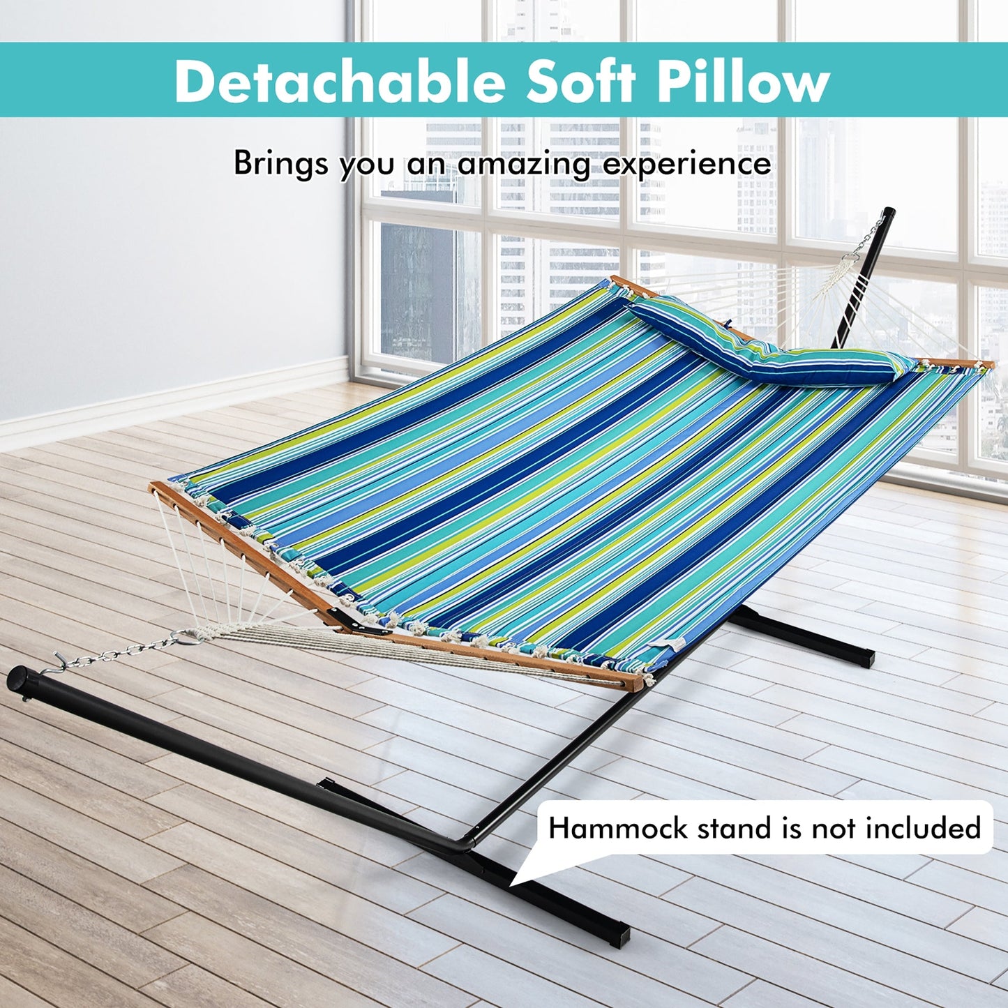 Patio Hammock Foldable Portable Swing Chair Bed with Detachable Pillow displayed indoors, showing blue-green striped fabric.
