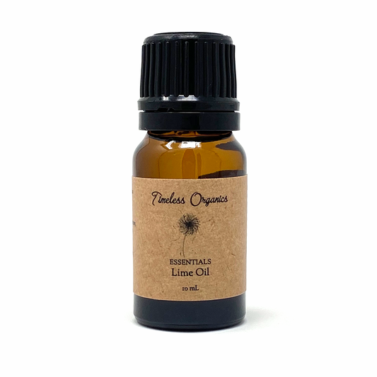 Bottle of Timeless Organics Lime Essential Oil, 10 mL, displaying the label for certified organic pure lime oil.