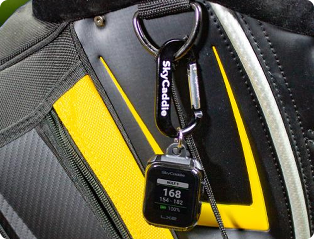 SkyCaddie® LX2 golf GPS device attached to a bag with sunlight readable display