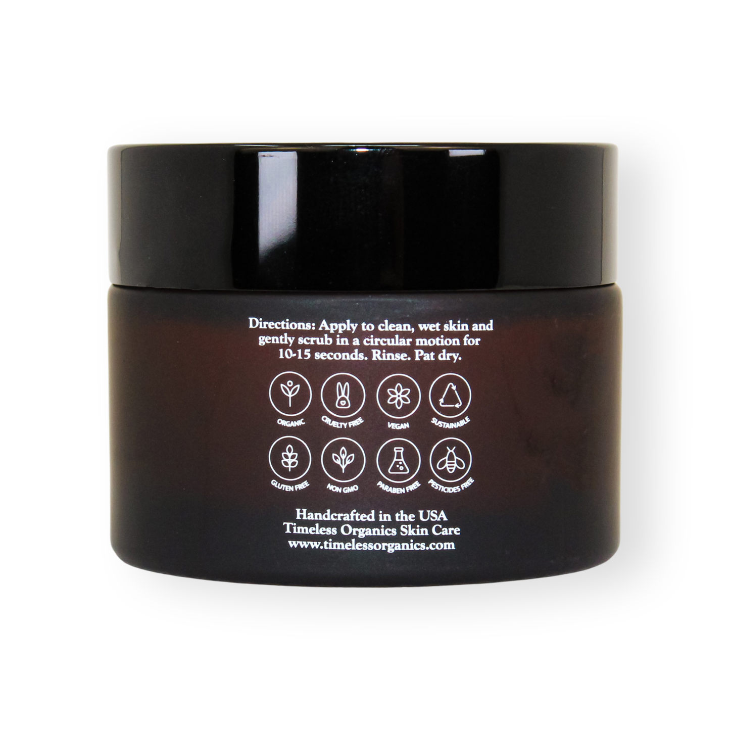 Rear view of Resurfacing Facial Polish - Walnut + AHA jar with product directions and icons.