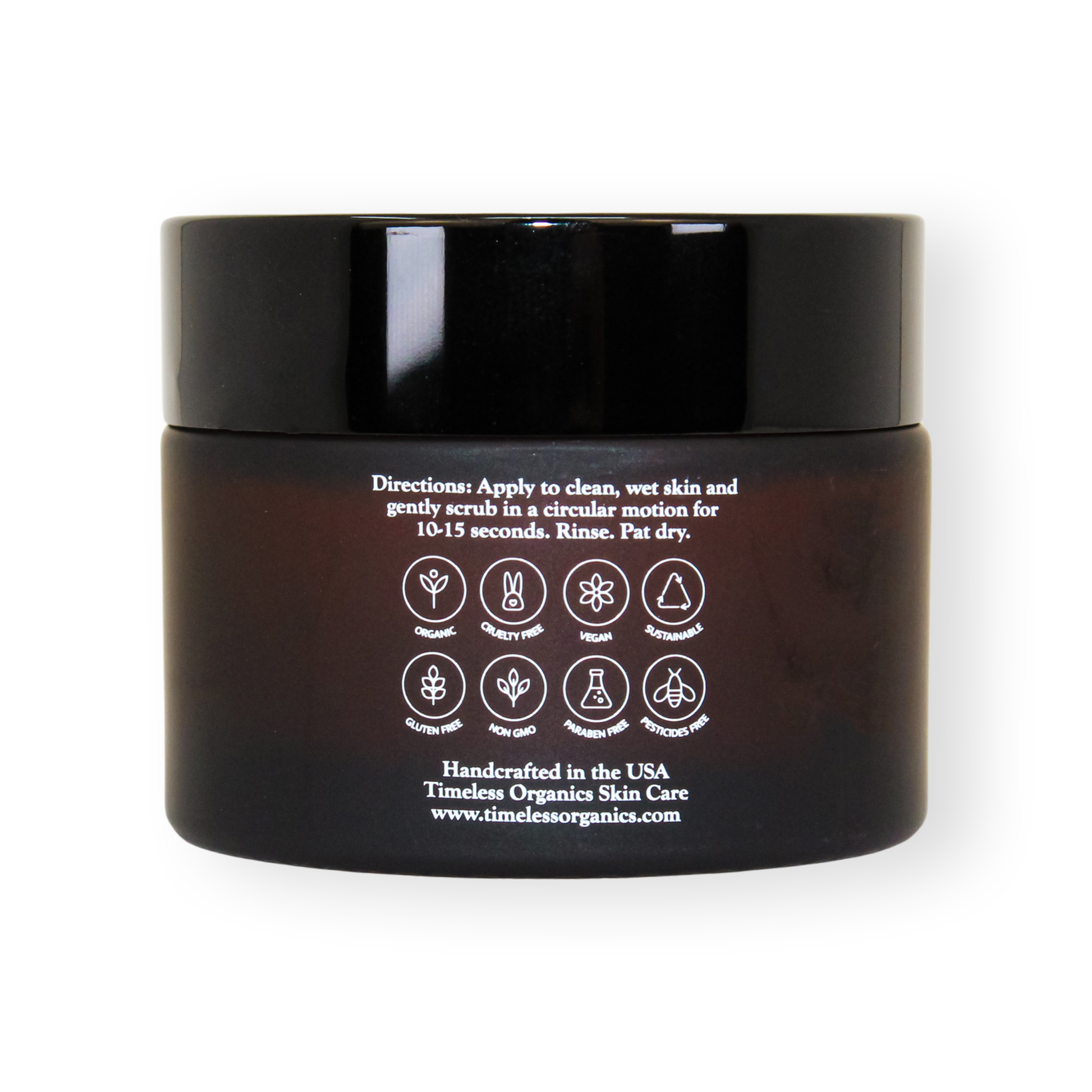 Rear view of Resurfacing Facial Polish - Walnut + AHA jar with product directions and icons.