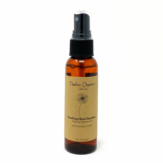 Soothing Hand Sanitizer bottle with organic ingredients like grape alcohol and tea tree oil, 2 oz size, for soft and germ-free hands.